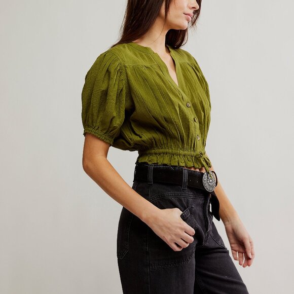 Free People Olive Green Cropped Blouse Top NEW - Picture 2 of 5